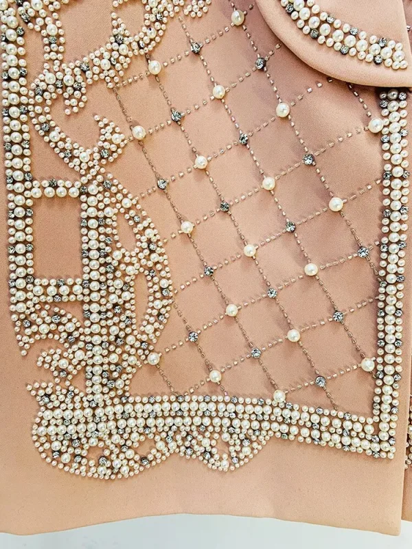 Luxury Designer branded Fashion Women's Shawl Collar Stunning Diamonds Pearls Beaded Blazer Dress - Image 6