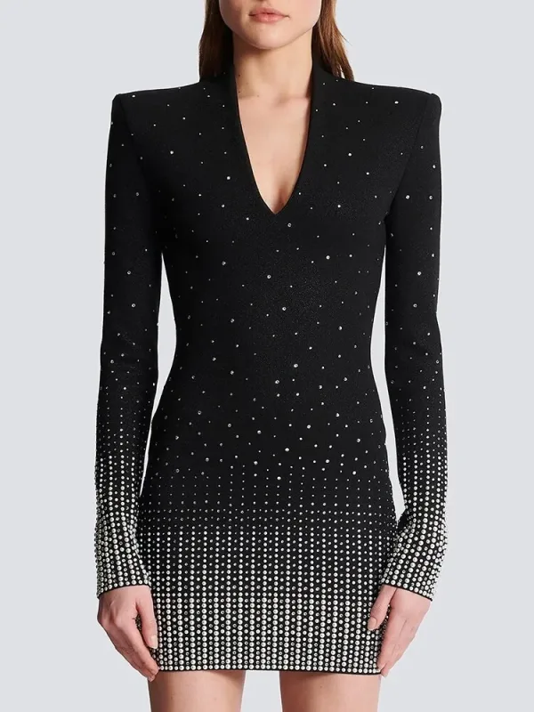 luxury designer 2023 Autumn Sexy deep V Neck Long Sleeve Beading knitted Mini party Dress Women Black Tight Diamond Embroidery Dress Evening Club Dresses - Image 2