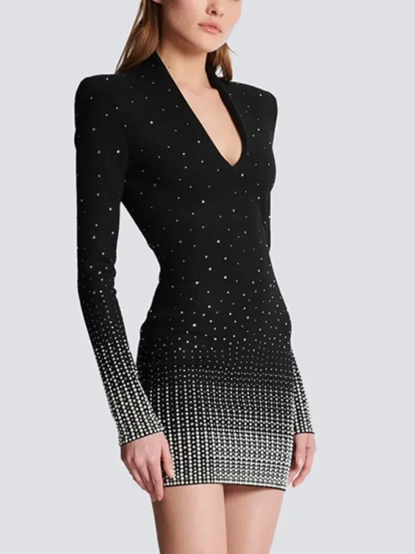 luxury designer 2023 Autumn Sexy deep V Neck Long Sleeve Beading knitted Mini party Dress Women Black Tight Diamond Embroidery Dress Evening Club Dresses - Image 3