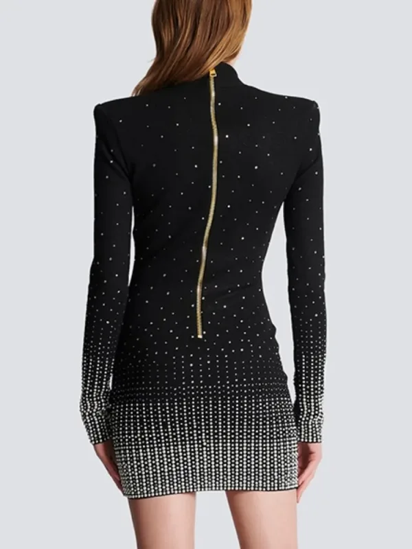 luxury designer 2023 Autumn Sexy deep V Neck Long Sleeve Beading knitted Mini party Dress Women Black Tight Diamond Embroidery Dress Evening Club Dresses - Image 4