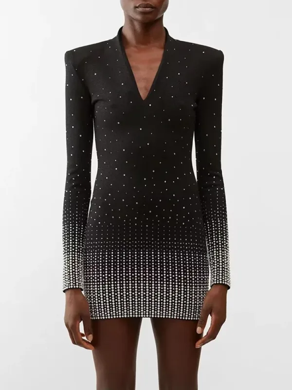 luxury designer 2023 Autumn Sexy deep V Neck Long Sleeve Beading knitted Mini party Dress Women Black Tight Diamond Embroidery Dress Evening Club Dresses - Image 5