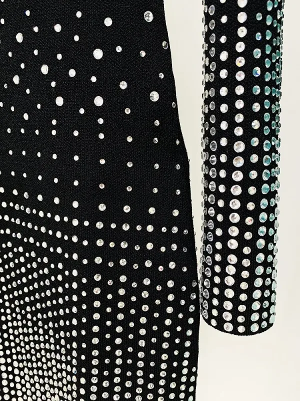 luxury designer 2023 Autumn Sexy deep V Neck Long Sleeve Beading knitted Mini party Dress Women Black Tight Diamond Embroidery Dress Evening Club Dresses - Image 6
