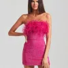 Luxury designer Women Sexy Winter Strapless Ostrich Feathers Sequins Hot Pink Bodycon Dress - Image 2