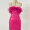 Luxury designer Women Sexy Winter Strapless Ostrich Feathers Sequins Hot Pink Bodycon Dress - Image 4