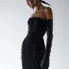 New Women's Black Sexy Sleeveless Strapless Midi Off Shoulder Bodycon Dress - Image 2