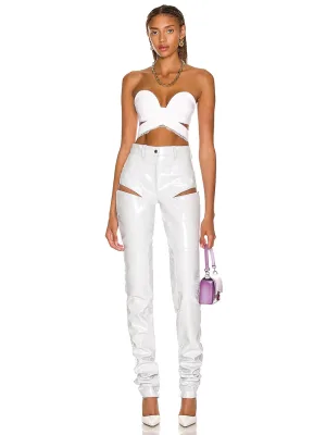 New White Cut Out Skinny Jumpsuit Women Sexy Strapless Luxury Lace Crop Top Bandage PU Jumpsuit