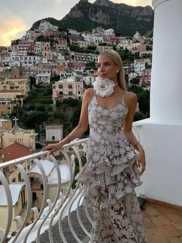 Sexy Sleeveless Floral Tiered Lace Maxi Dress With Choker Women Elegant Strpas Printed White Dress - Image 5