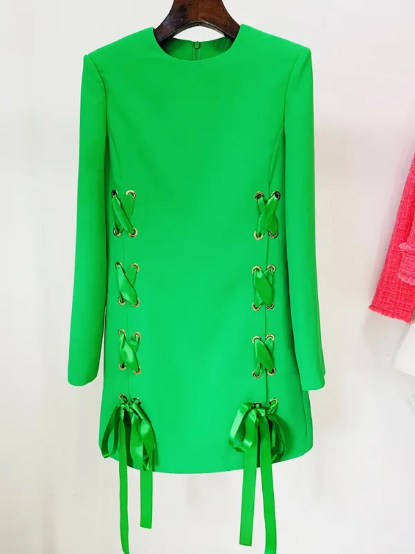 Sexy White Green Cross Tied Designer O Neck Long Sleeves Lace-up Dress Women  Slim Mini Dress - Image 3