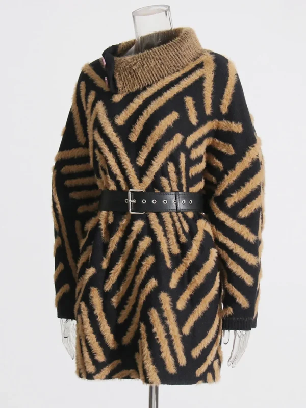 Luxury designer Vintage Striped Sweaters For Women Turtleneck Long Sleeve Patchwork Belt Casual knitted colorblock Sweater - Image 2