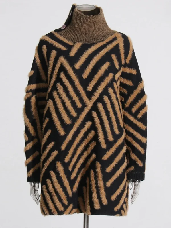 Luxury designer Vintage Striped Sweaters For Women Turtleneck Long Sleeve Patchwork Belt Casual knitted colorblock Sweater - Image 3