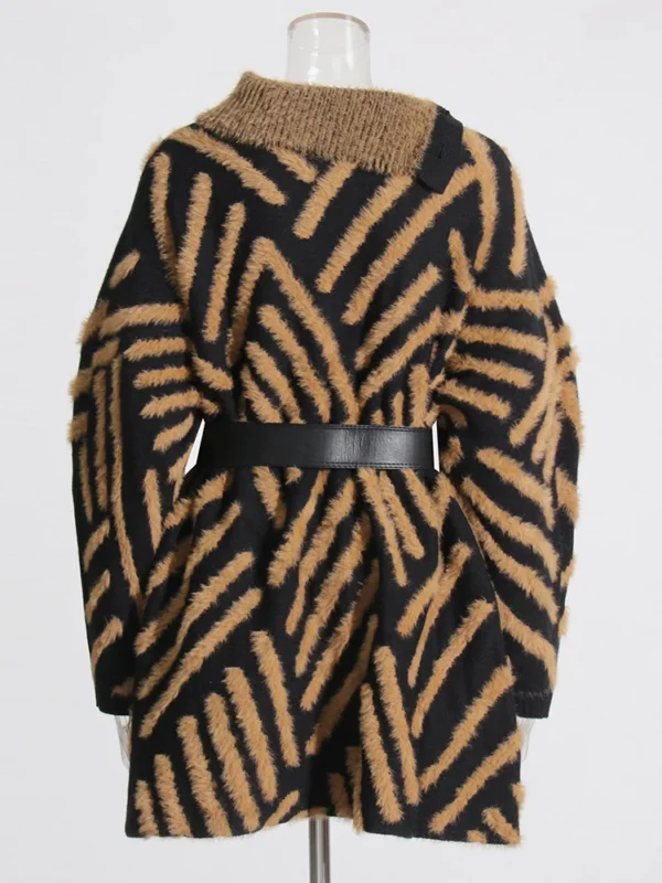 Luxury designer Vintage Striped Sweaters For Women Turtleneck Long Sleeve Patchwork Belt Casual knitted colorblock Sweater