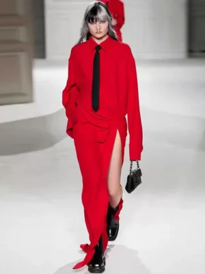Luxury designer Runway vintage color contrast necktie lapel high waist slit dress women's new INS fashion irregular shirt dress