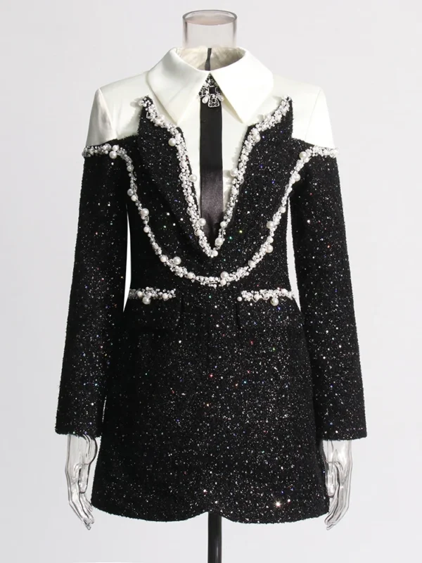 Luxury designer high end runway women Elegant Hit Color Dresses For Women Lapel Long Sleeve High Waist Patchwork Sequins Mini Dress Female Fashion - Image 5