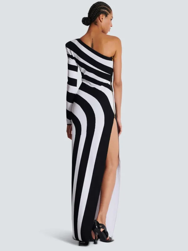 Luxury designer high end runway fashion Women Celebrity Sexy One Shoulder Striped Jacquard Maxi Long Split Bodycon Bandage Dress 2024 Elegant Evening Club Party Dress - Image 3