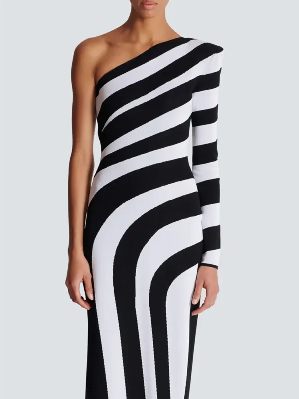 Luxury designer high end runway fashion Women Celebrity Sexy One Shoulder Striped Jacquard Maxi Long Split Bodycon Bandage Dress 2024 Elegant Evening Club Party Dress - Image 4