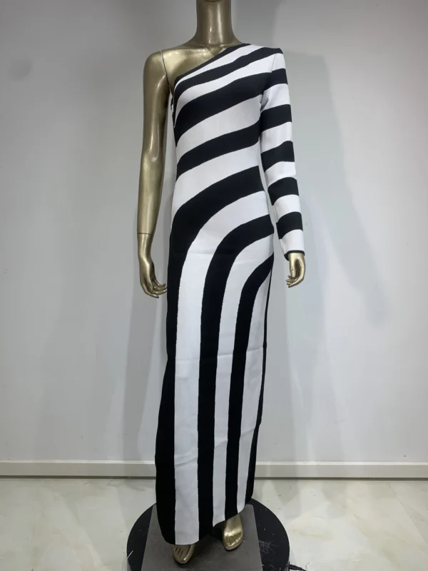 Luxury designer high end runway fashion Women Celebrity Sexy One Shoulder Striped Jacquard Maxi Long Split Bodycon Bandage Dress 2024 Elegant Evening Club Party Dress - Image 5