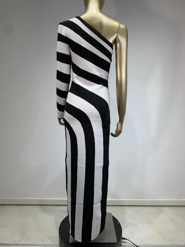 Luxury designer high end runway fashion Women Celebrity Sexy One Shoulder Striped Jacquard Maxi Long Split Bodycon Bandage Dress 2024 Elegant Evening Club Party Dress - Image 6