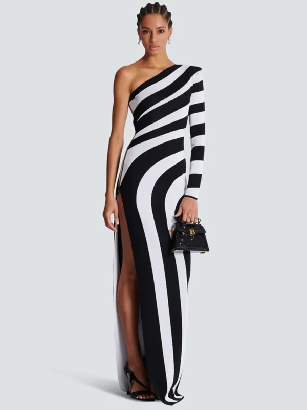 Luxury designer high end runway fashion Women Celebrity Sexy One Shoulder Striped Jacquard Maxi Long Split Bodycon Bandage Dress 2024 Elegant Evening Club Party Dress